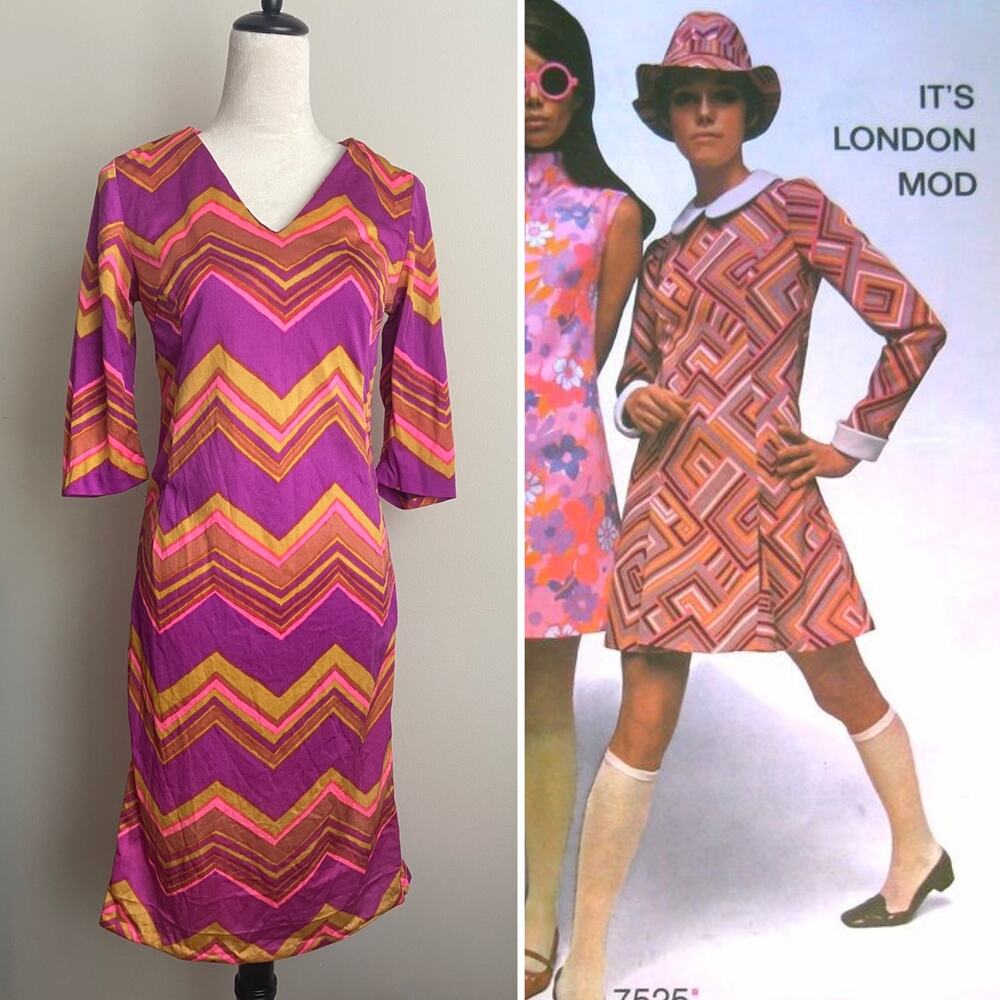 Vintage 60s Mod Hippie Psychedelic Chevron Go Go Mini Dress Small Medium